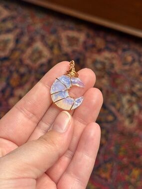 Handcrafted Iridescent Opalite Crescent Moon Pendant with Wire Wrap